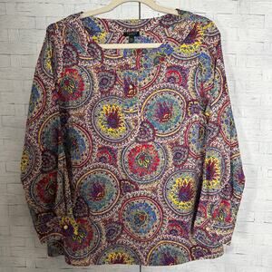 Talbots blouse bohemian hippie bold colorful print deep him side slits plus size
